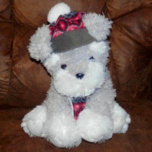 GREY AND WHITE DOG * WEARING A RED AND GREY HAT AND SCARF * 12 IN TALL * CUTE *